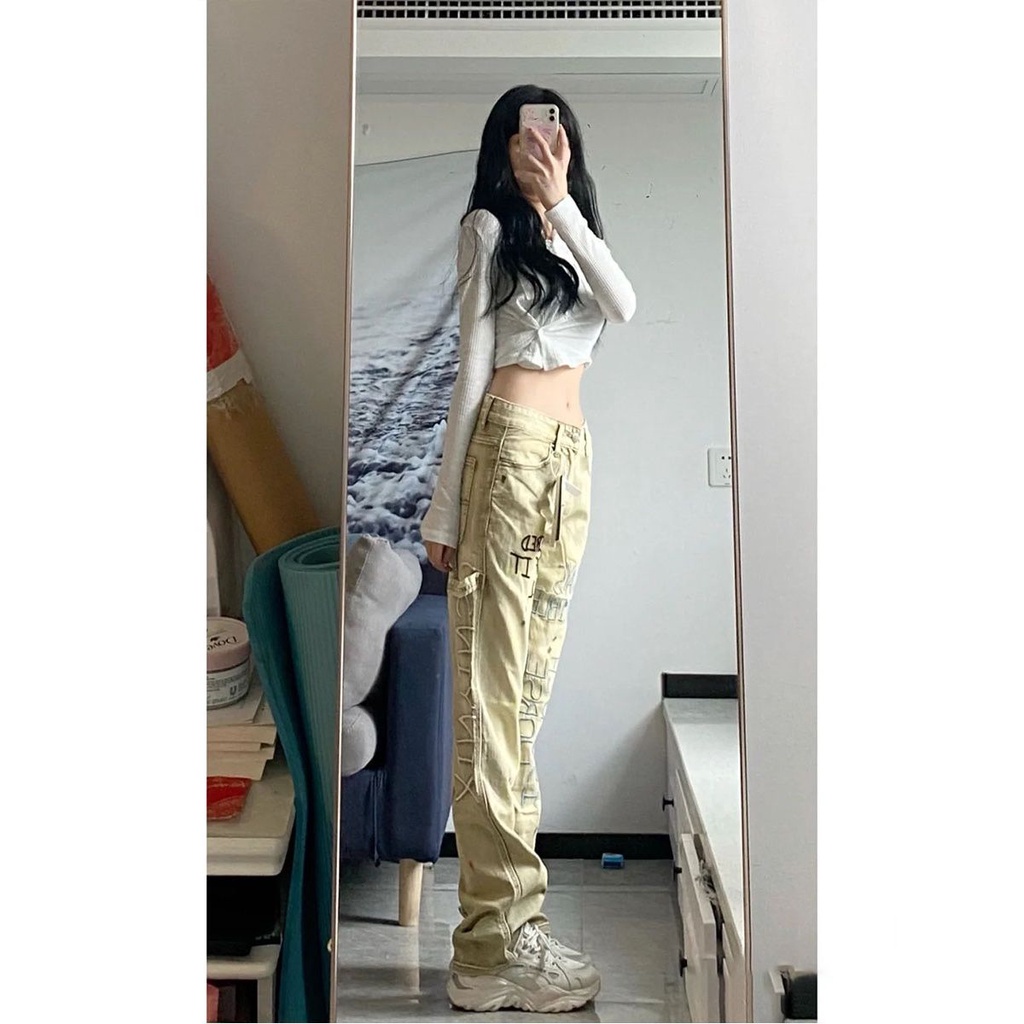 Quần Jeans Ống Rộng Lưng Cao Có Túi Và Khóa Kéo Thời Trang Dành Cho Nữ