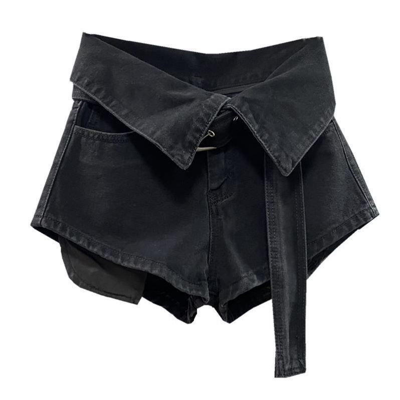 Jiashucheng Influencer Quần Short Denim Đen Dáng Chữ A Lưng Cao Ống Rộng Lệch Tà Thời Trang Xuân Hè 2023