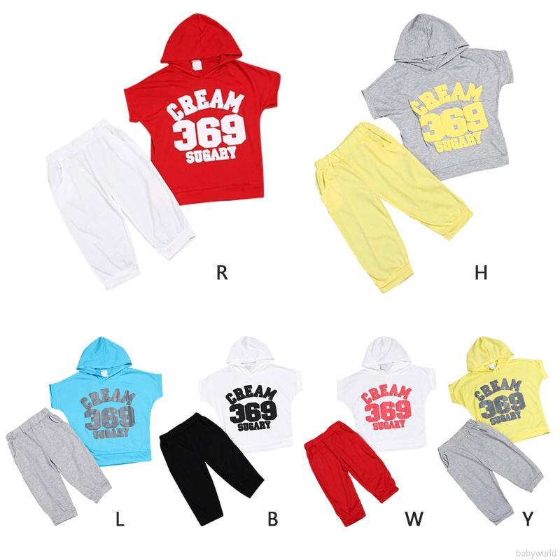 Set áo hoodie tay ngắn và quần dài vài cotton pha thoáng mát đáng yêu cho bé