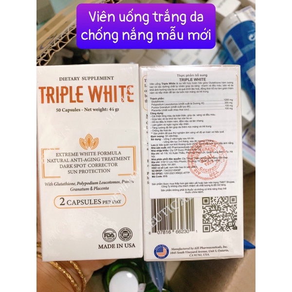 [Nhập khẩu] Viên uống trắng da chống nắng Triple White Glutathione Leucotomos và nhau thai cừu - Hộp 50 viên