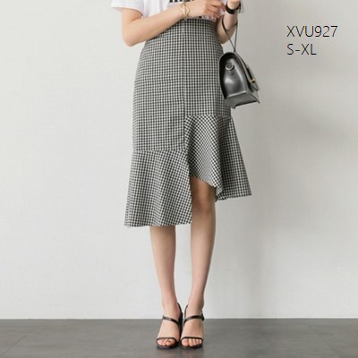 XVU927 Chân váy kẻ vạt chéo phong cách Hàn Quốc