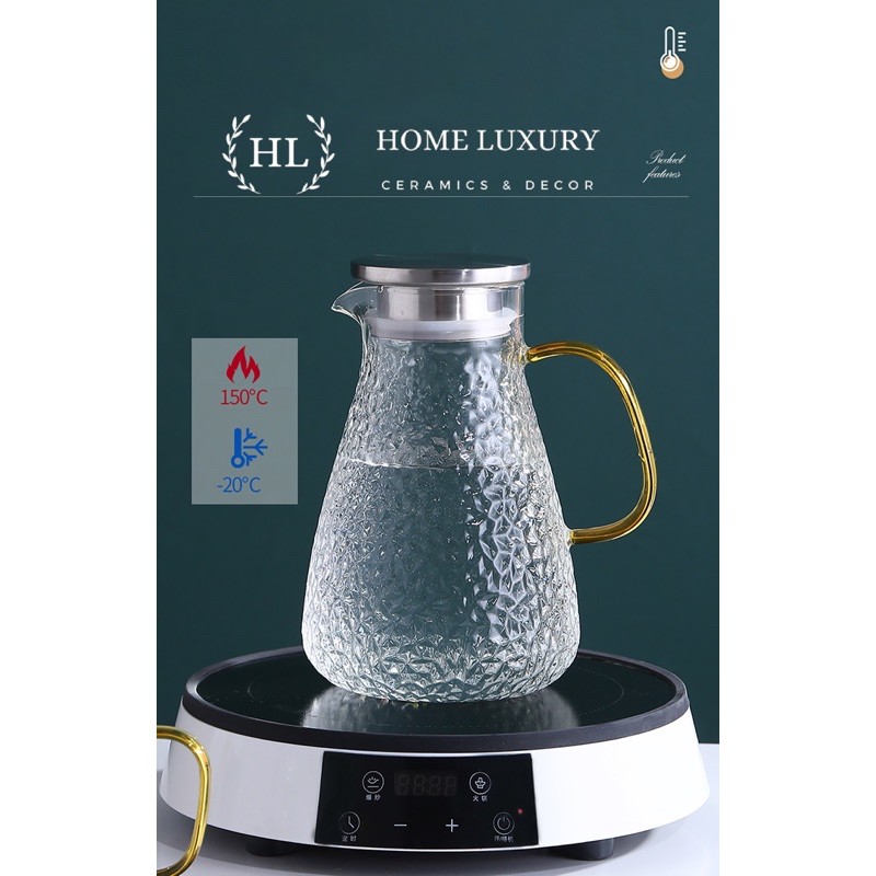 Bình thuỷ tinh chịu nhiệt sần quai vàng | Bộ bình cốc thủy tinh sần Borosilicate chịu nhiệt, chịu lực cao cấp