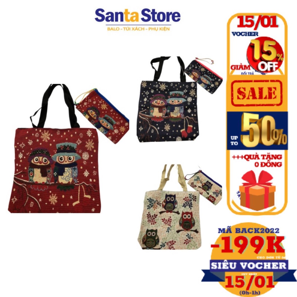 Túi thổ cẩm tote đeo vai Set kèm ví nữ hình cú, hoa văn thời trang giá rẻ, vải canvas màu sắc Vintage giá rẻ SANTA STORE