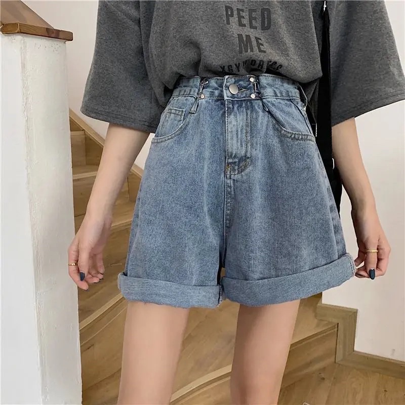 Quần Jeans Lửng Đùi Nam Nữ Màu Xanh Nhạt Gài Khuy Điều Chỉnh Eo Ống Rộng Phong Cách Ulzzang Chất Jean Loại 1i