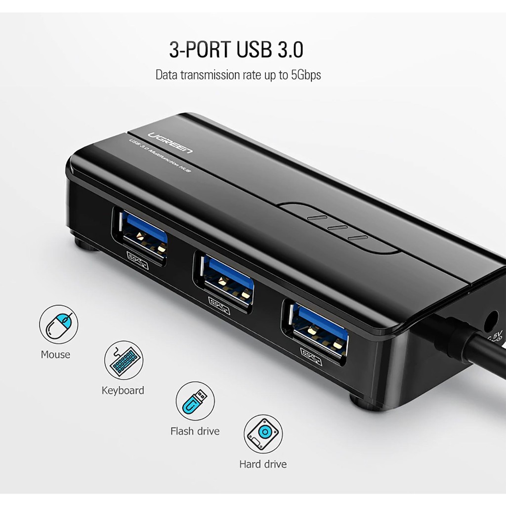 HUB USB 3 cổng 3.0 kèm cổng mạng LAN 10/100Mbps Cao Cấp UGREEN 20265 (Đen) - Hàng Chính Hãng