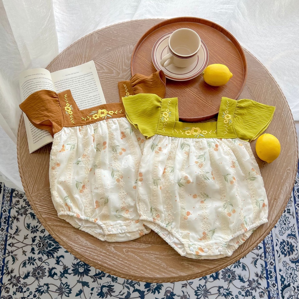 Bộ Áo Liền Quần Ngắn Tay Vải Cotton Jacquard In Hoa Kiểu Retro Pháp Thời Trang Mùa Hè Cho Bé Gái
