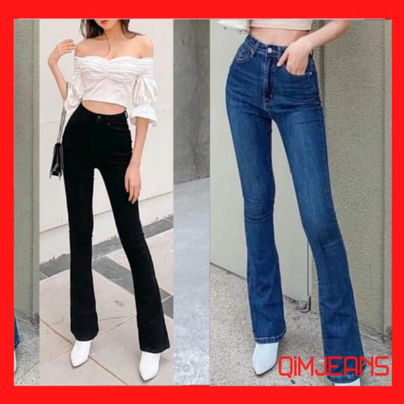 Quần jeans bò ống đứng cạp cao co dãn loe xẻ gấu phong cách Hàn Quốc