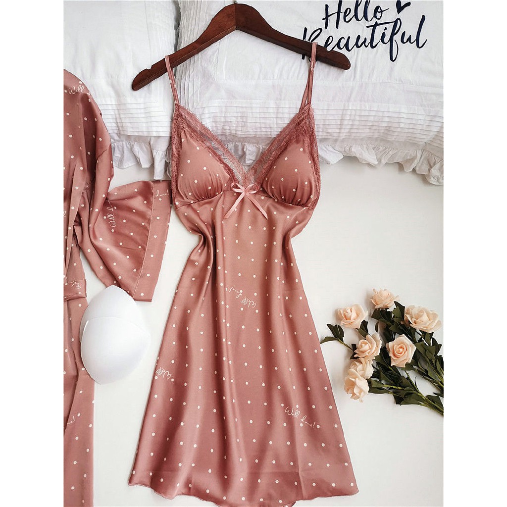 Set Đầm Ngủ Hai Dây Họa Tiết Chấm Bi Và Áo Choàng Cardigan Thời Trang Mùa Hè