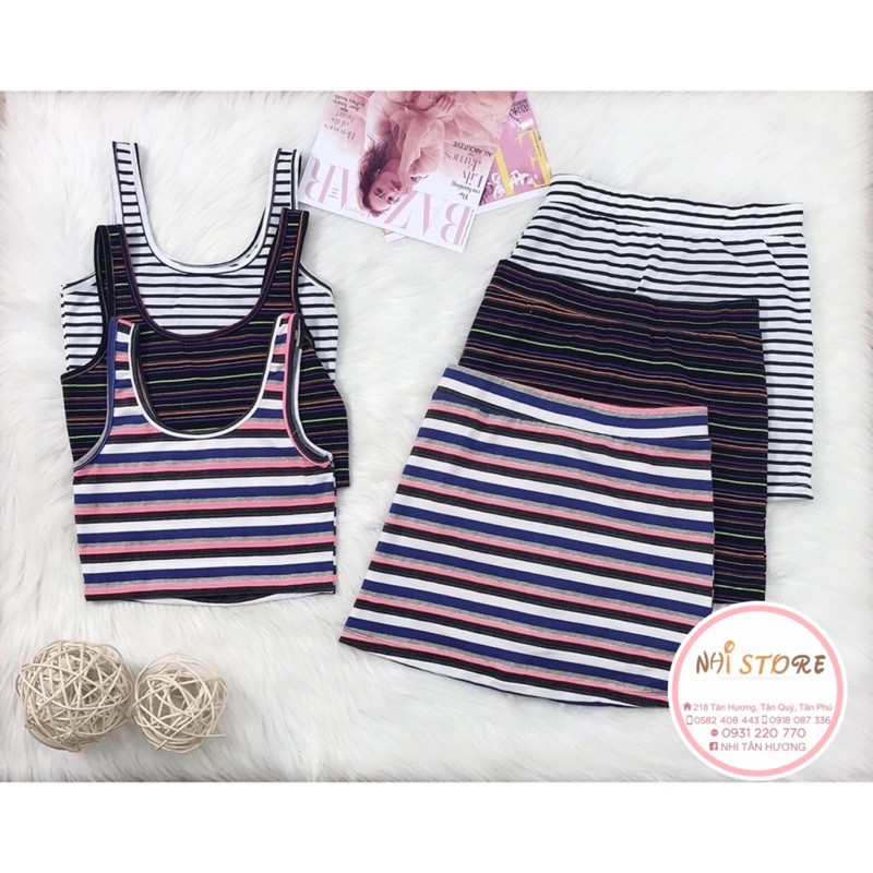 [FREESHIP 50K] BỘ SET THUN NHISTORE ÁO CROPTOP 2 VAI PHỐI CHÂN VÁY A NĂNG ĐỘNG THUN COTTON [FREESIZE] DƯỚI 45KG - 55KG