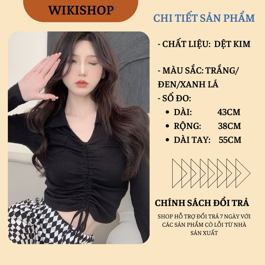 Áo croptop dài tay nữ, áo thun nữ dáng lửng rút dây ngực cổ bẻ đen trắng xanh phôm ôm body sexy hàn quốc Wikishop C1065