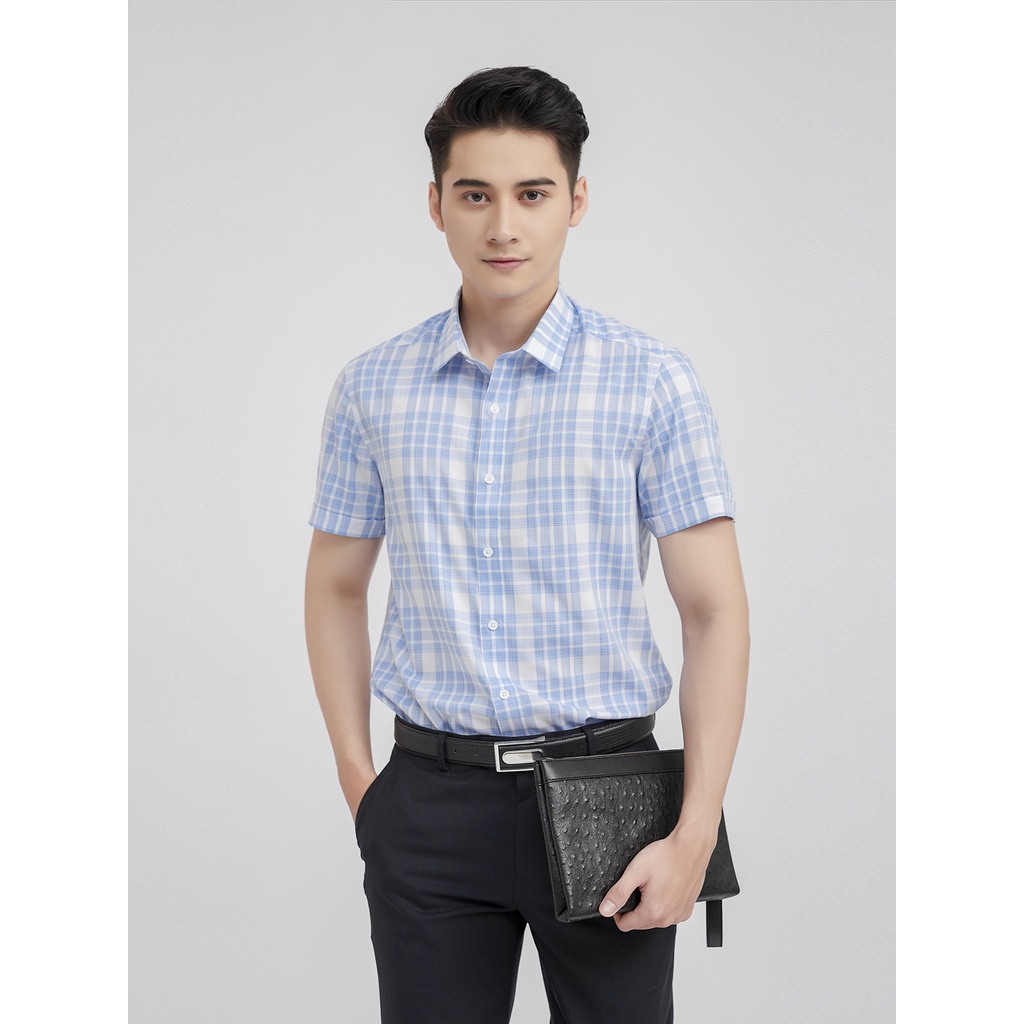 Áo sơ mi nam ngắn tay ARISTINO họa tiết kẻ caro xanh nhẹ lịch lãm - ASS031S1