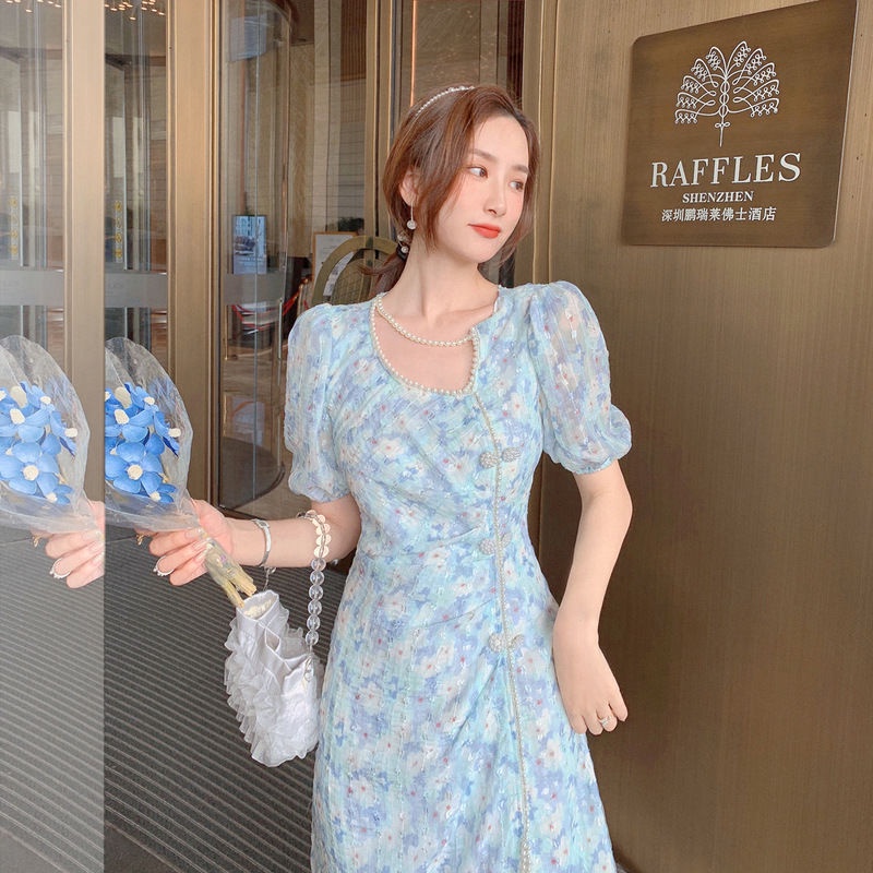 Đầm Tay Ngắn Màu Xanh Dương In Hoa Thời Trang Mùa Hè Phong Cách Pháp Hiện Đại Mới Cho Nữ | BigBuy360 - bigbuy360.vn