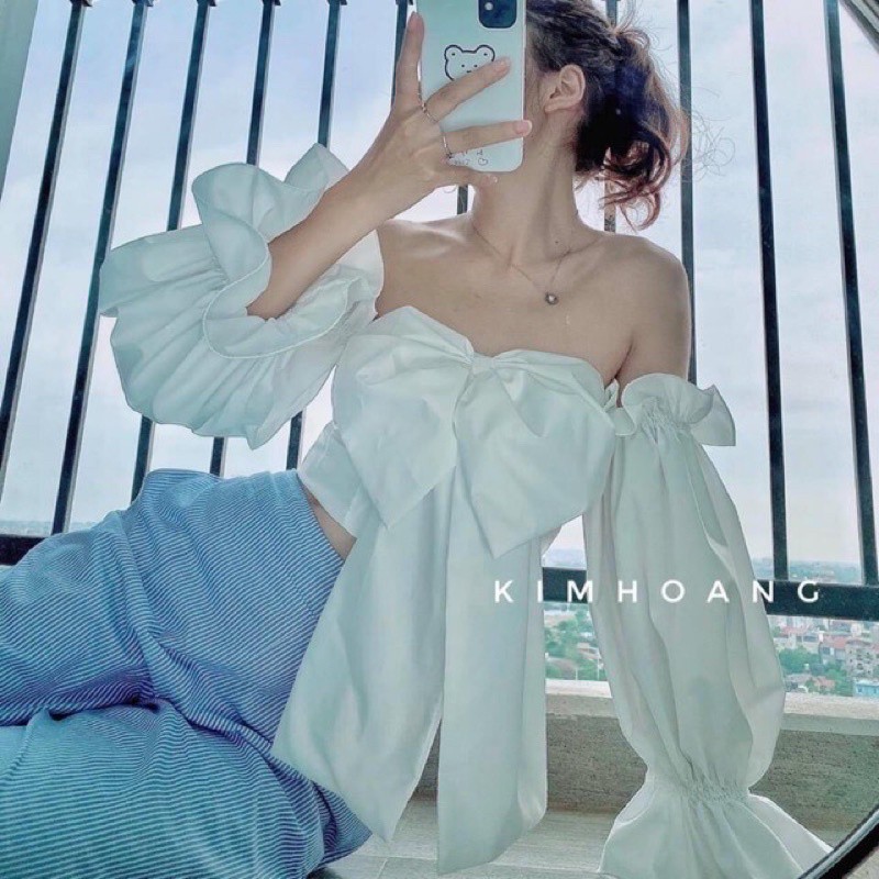 Áo trễ vai thắt nơ Uzzang về sll rồi nha cả nhà ơi