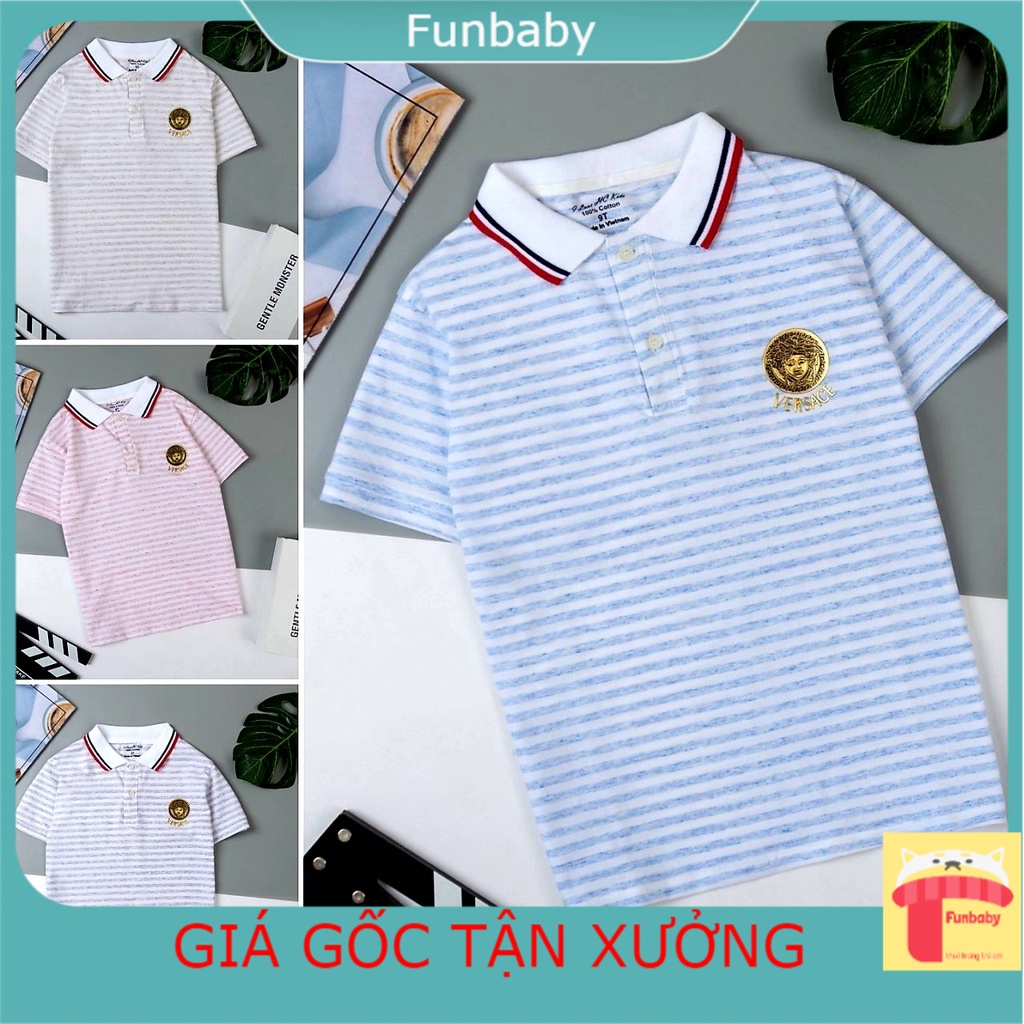 Áo Polo trẻ em 9-14 tuổi cộc tay phối kẻ thêu đáp logo, Áo phông bé trai size đại thoáng mát khỏe khoắn thời trang