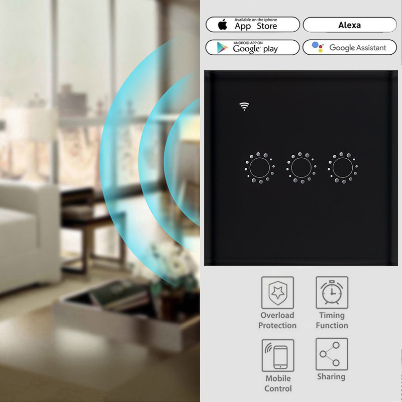 【Available】 Touch switch smart switch panel wall switch 1/2/3 Gang wifi light switch US / EU standard work with Alexa Google Home 【UUSTOCK】