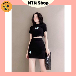 SET Áo Croptop + Chân Váy (thêu bướm) aL