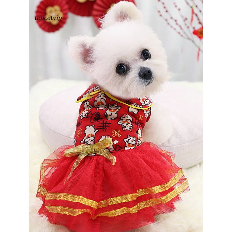 Đầm xòe mềm mại họa tiết năm mới dễ thương dành cho thú cưng