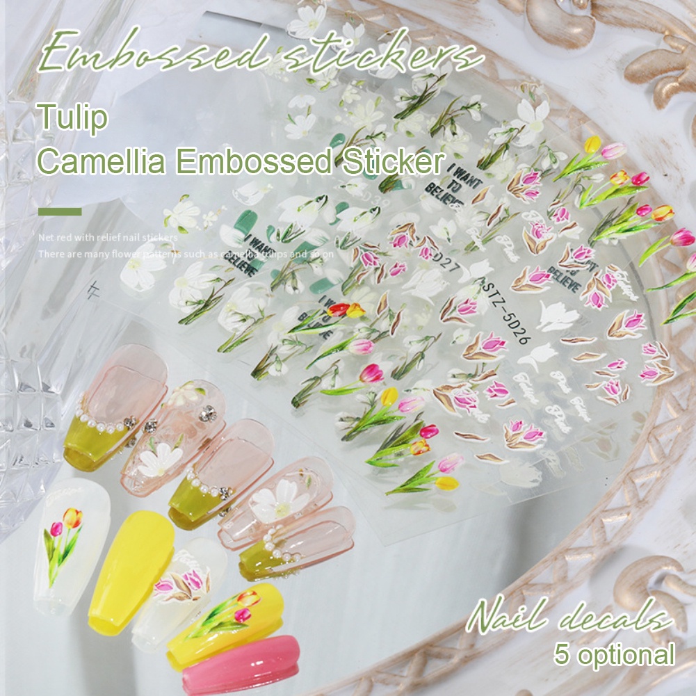 Miếng Dán Trang Trí Móng Tay 5D Hình Hoa Hồng Hoa Trà Xanh Lá