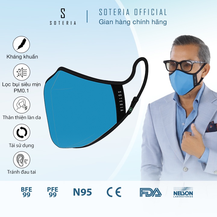 Khẩu trang tiêu chuẩn Quốc Tế SOTERIA Sapphire Blue ST278 - Bộ lọc N95 BFE PFE 99 lọc đến 99% bụi mịn 0.1 micro-Size S,M