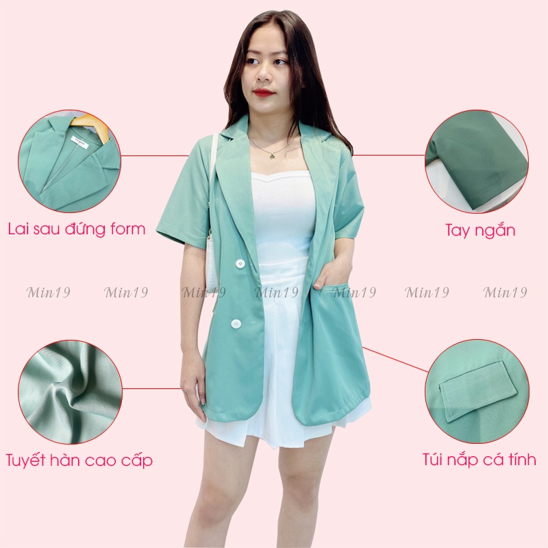 Áo Vest Nữ Blazer Công Sở Hàn Quốc 1 Lớp Tay Ngắn Form Rộng Túi Nắp Cá Tính Màu Trắng Đen Xanh Nâu