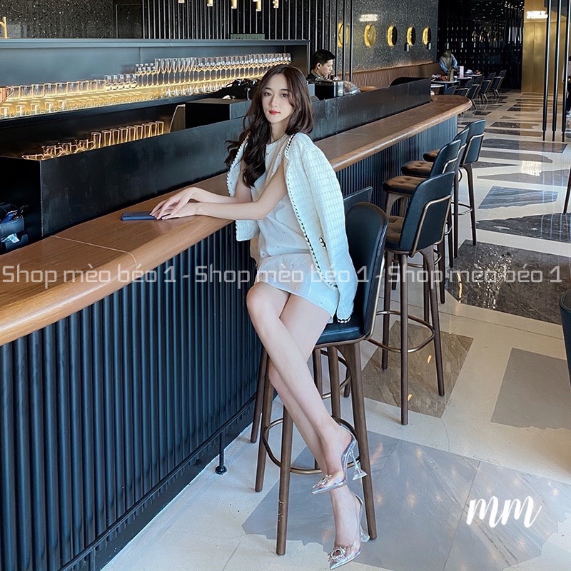 Giày cao gót mica hoa đá mũi nhọn gót loe fullbox hàng quảng châu cao cấp