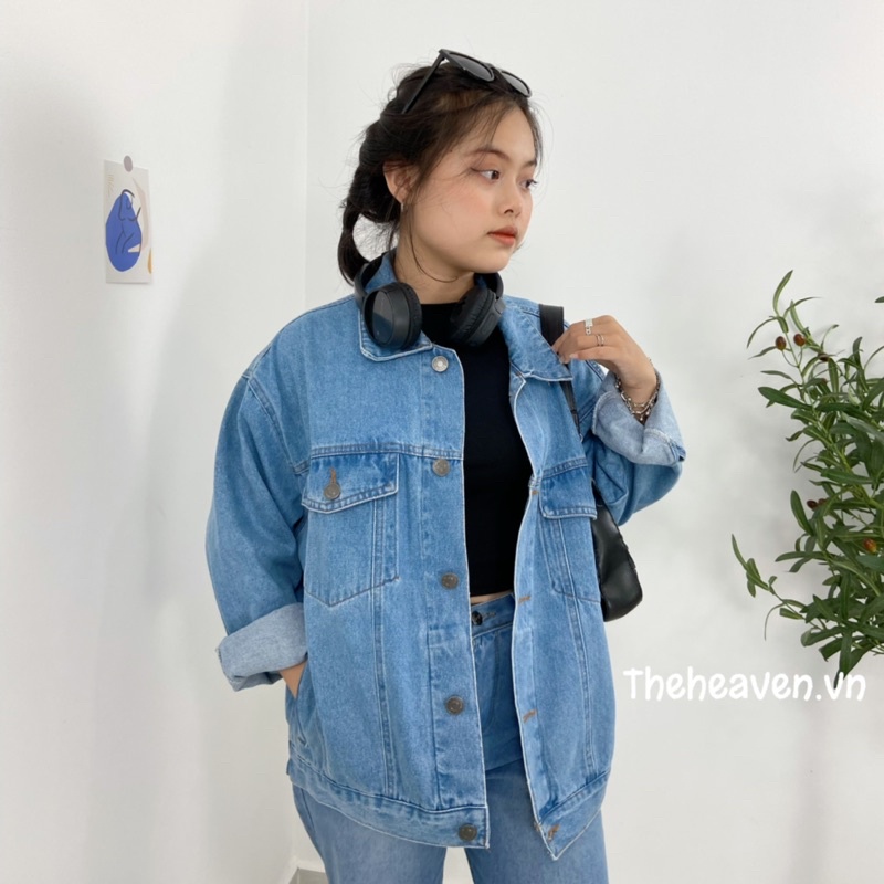 Áo Khoác Jean , bò nữ Xanh Vintage form rộng unisex nam nữ có 6 túi túi trong, hàng cao cấp