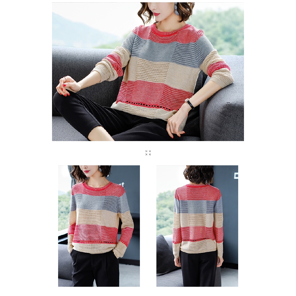 Autumn Women Knit Ice Silk Blouse Loose Bottoming Shirt Stripes Long Sleeves Tops Clothes | BigBuy360 - bigbuy360.vn
