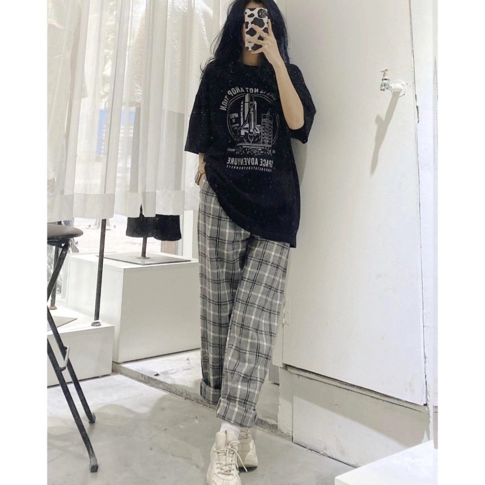 Set Culottes Kẻ Space PEONYB Nữ [FREESHIP] 🌸 Bộ quần thun suông ống rộng kèm áo phông in hình form oversize Ulzzang HOT