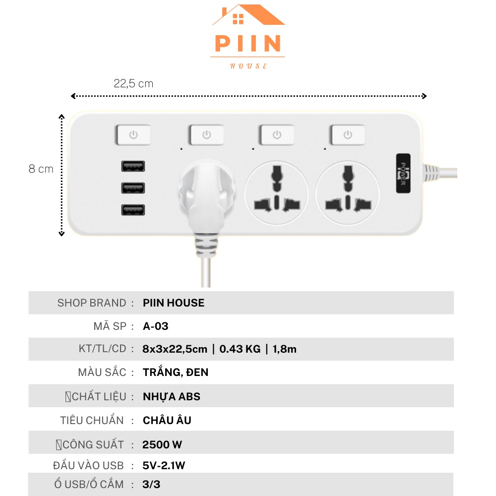 Ổ cắm điện đa năng thông minh PIIN HOUSE 3 cổng USB, 3 nút nguồn an toàn tuyệt đối, tiết kiệm điện năng