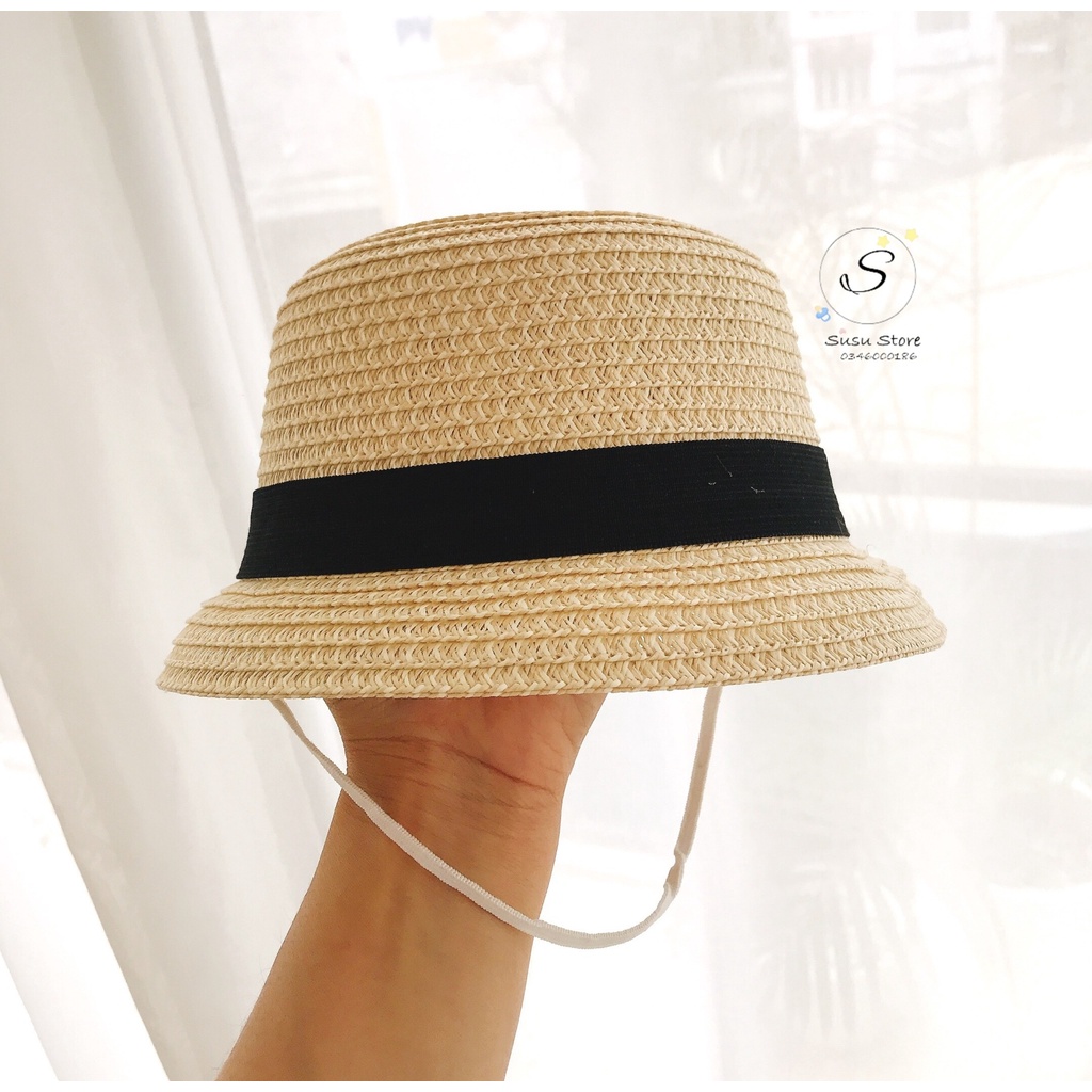 Mup 128: Mũ cói đai đen cho bé từ 9m-36m
