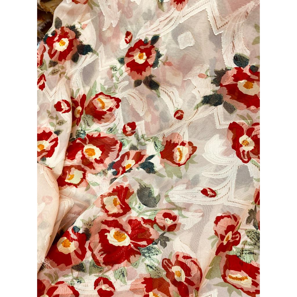 Vải voan tơ ép hoa nền kem MS4391