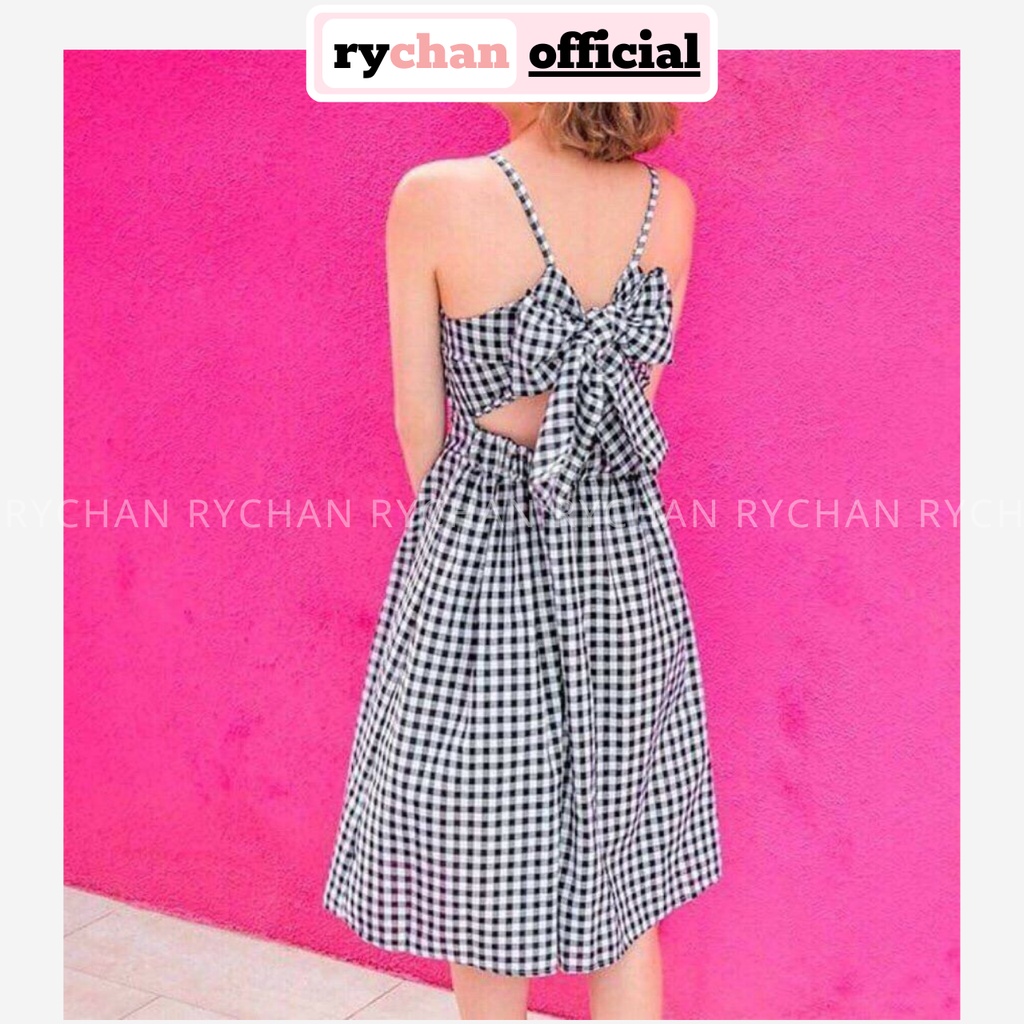 [ẢNH THẬT CUỐI] DX486 - Đầm Xòe Đi Biển Hai Dây Caro Phối Nơ Sau