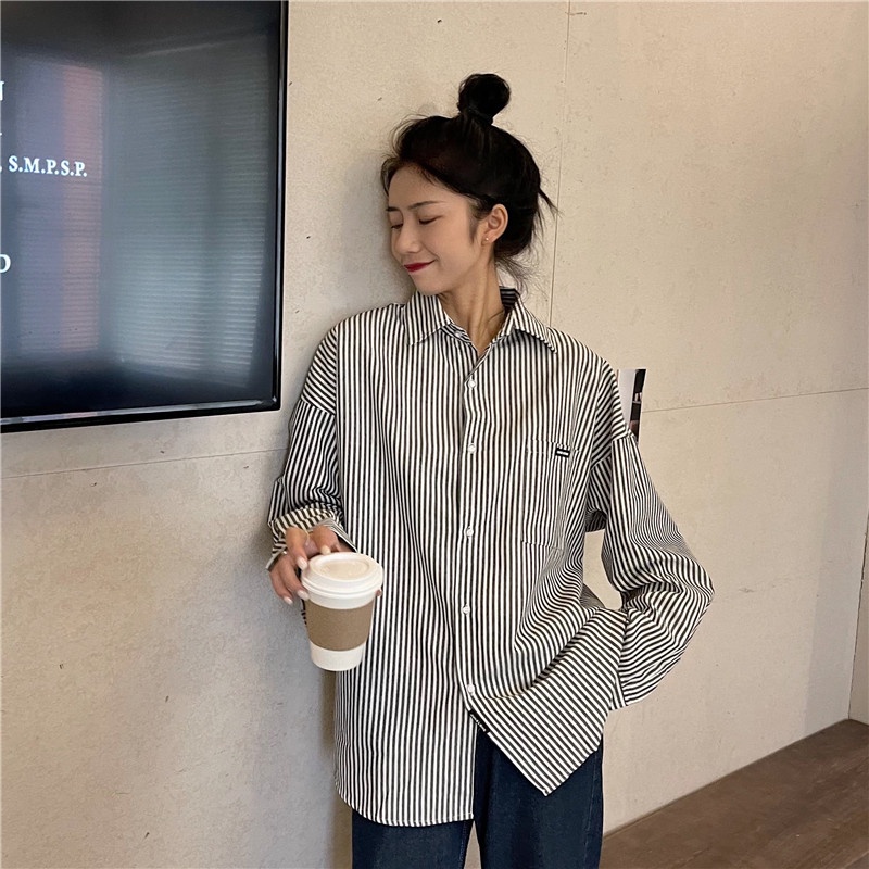 Áo sơ mi SUXI tay dài dáng rộng họa tiết kẻ sọc dễ phối đồ phong cách Hàn Quốc thời trang dành cho nữ