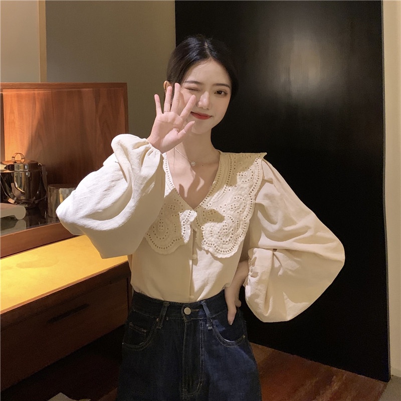Áo sơ mi tay dài cổ búp bê phối ren form rộng xinh xắn thời trang cho nữ