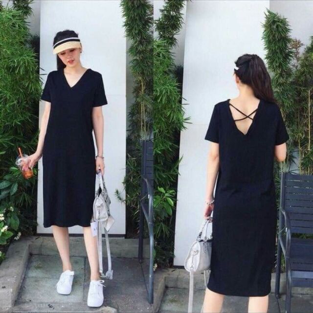 Đầm suông váy suông oversize cổ tim đan dây