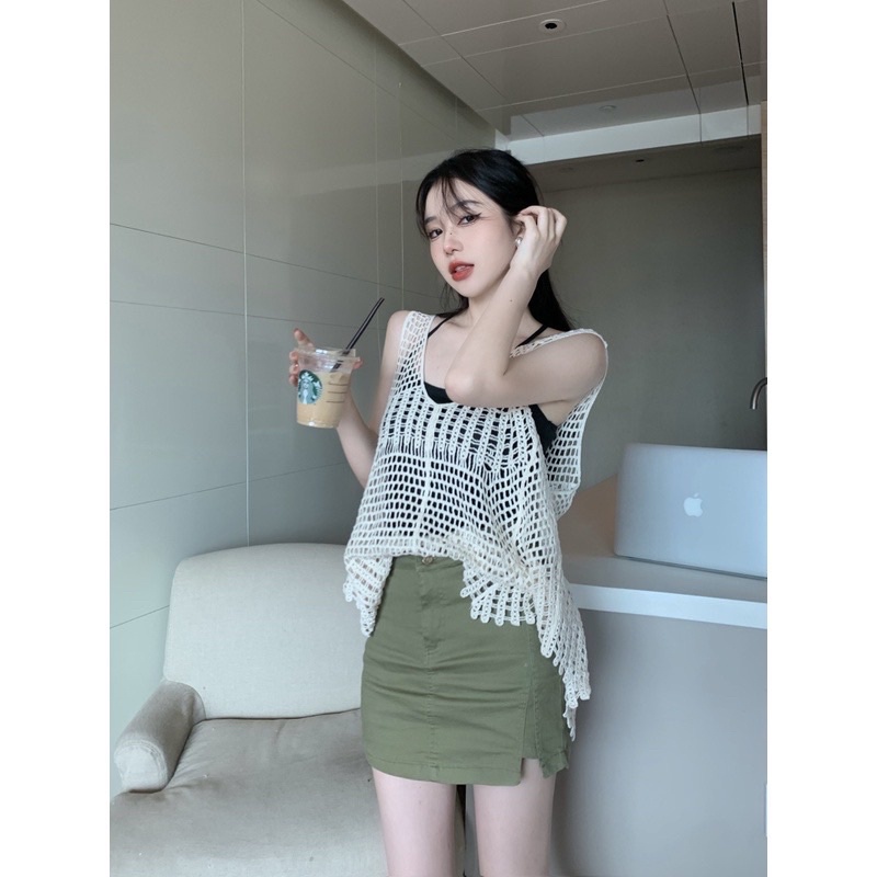 Áo Lưới Đi Biển Áo Ba Lỗ Ren Nữ Tính Phong Cách Boho Màu Be Tua Rua Hàn Quốc