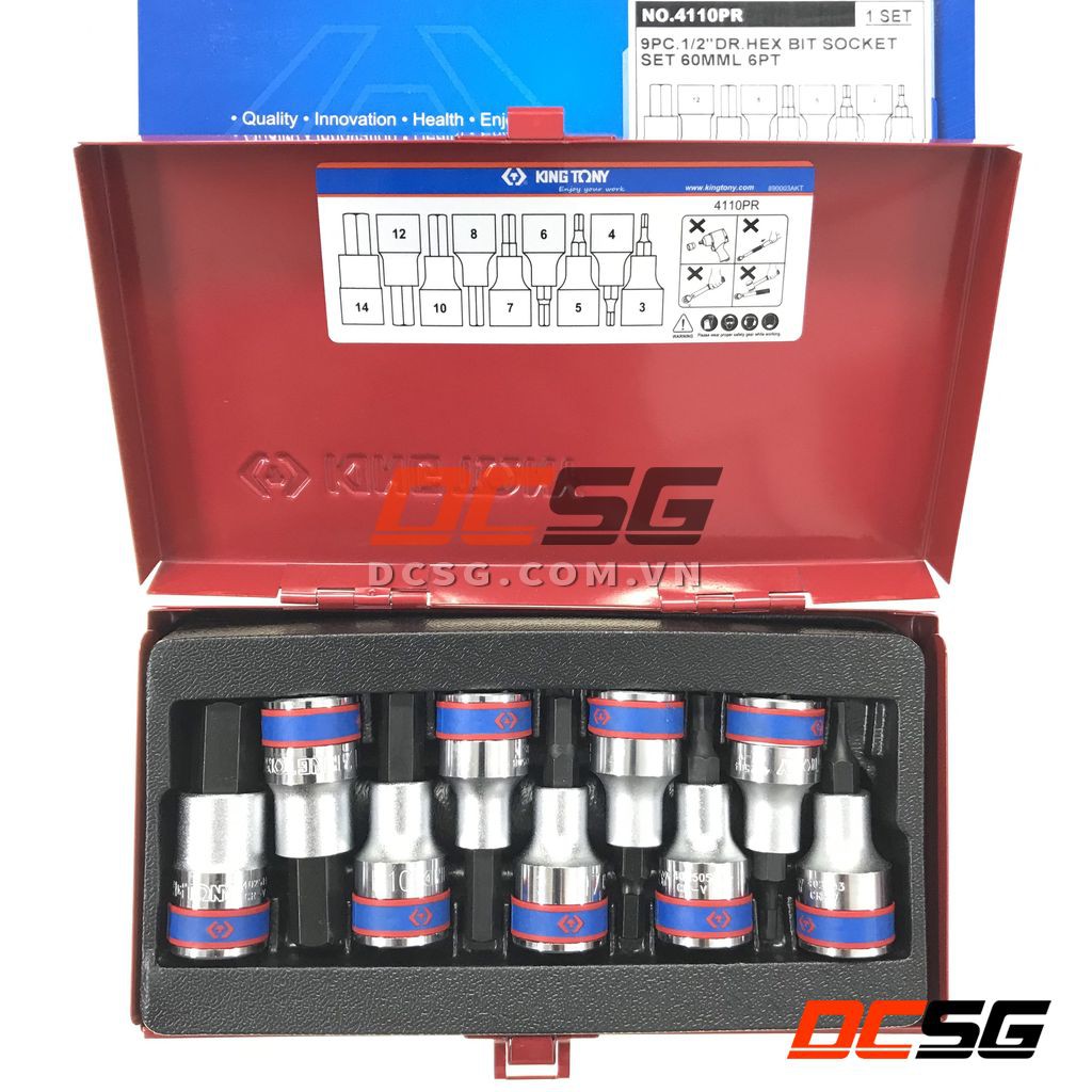 Bộ đầu tuýp xi bạc 1/2&quot; ra đầu lục giác đen 09 cái Kingtony 4110PR | DCSG