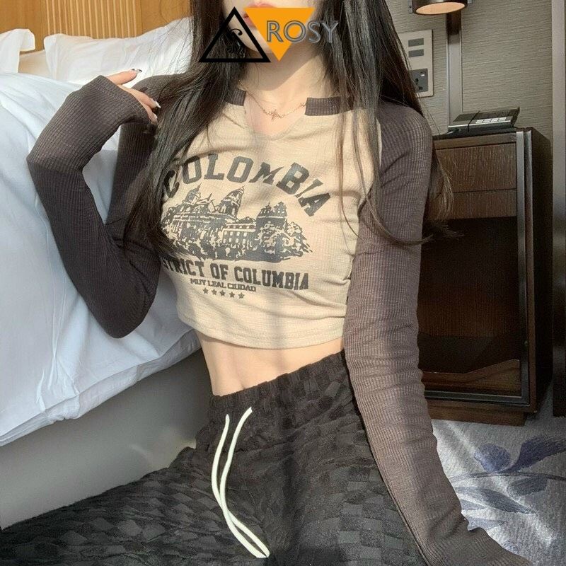 Áo croptop tay dài in hình màu sắc lạ mắt cá tính