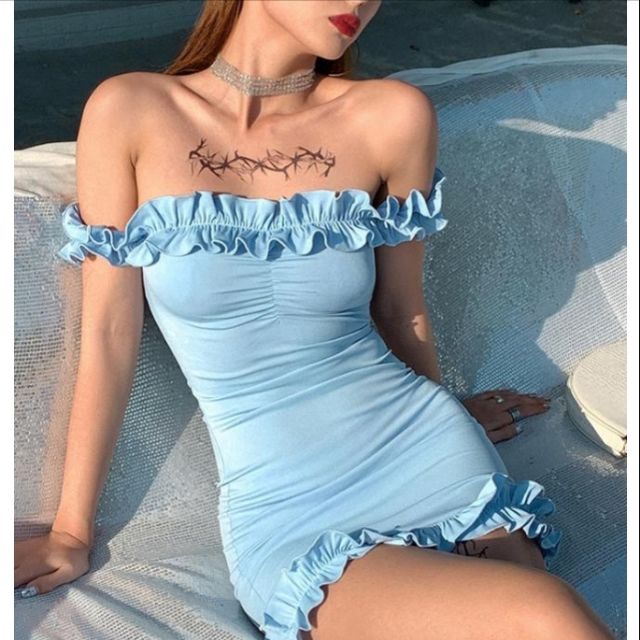 Đầm Trễ Vai Xanh pastel Bèo Body Sexy cực xịn 🍀Tie Dye Boutique 🌸