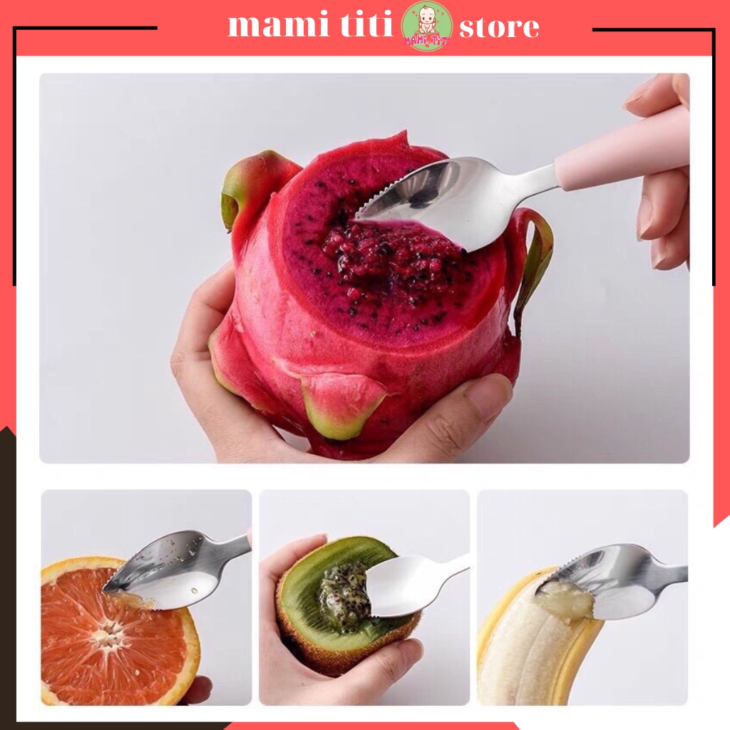 Thìa nạo hoa quả 2 đầu inox và silicon, Chính hãng Kichilachi cho bé kèm hộp đựng an toàn vệ sinh cho bé