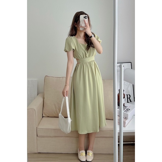 Đầm váy dài hở eo thắt sau ( đen, xanh)