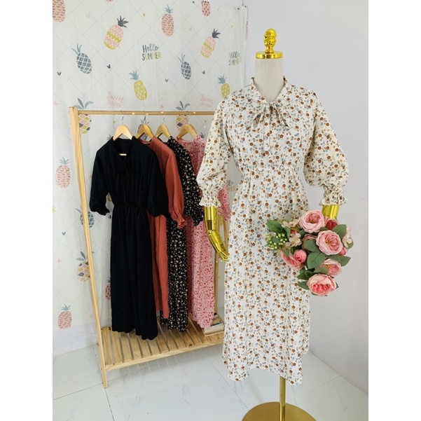 Đầm hoa nhí cột nơ cổ dáng dài siêu dễ thương, Váy hoa nhí dáng dài vintage