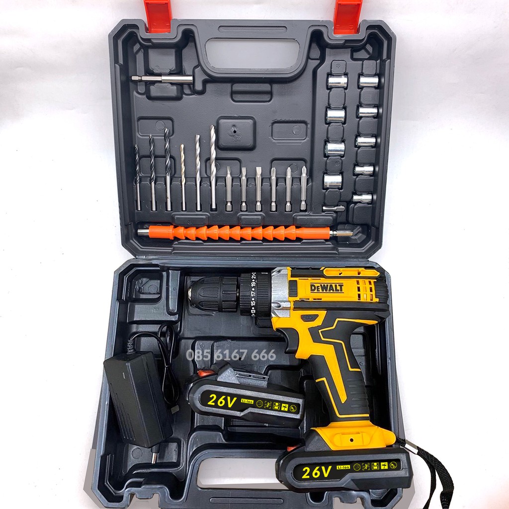 (LOẠI I) Máy Khoan Bê Tông, Bắt Vít DEWALT 26V - TẶNG Kèm 24 Chi Tiết - 3 Chức Năng 100% Lõi Đồng - 2 Pin Chuẩn 5 CELL