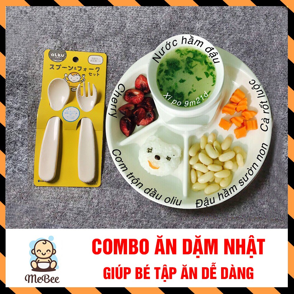 Combo ăn dặm: 1 Khay ăn dặm 4 ngăn Inomata và 1 Set Thìa Dĩa Inomata- Hàng Nhật