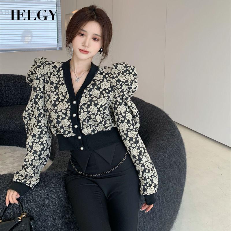 IELGY  Ielgy Áo Cổ Chữ V In Hình Hoa Hồng Tương Phản Kiểu Pháp Cổ Điển Cho Nữ