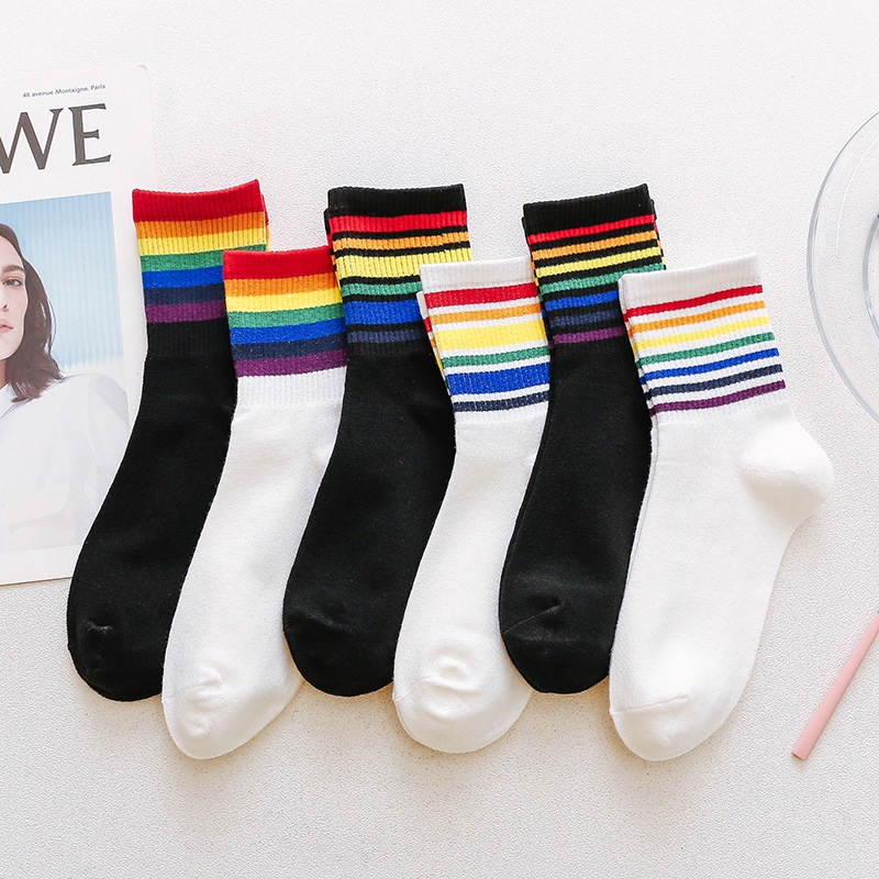 Rainbow Striped Girls' Crew Socks Korean Style Autumn Cotton Sweet Colorful High Quality Women Novelty Casual Black Ankle Socks