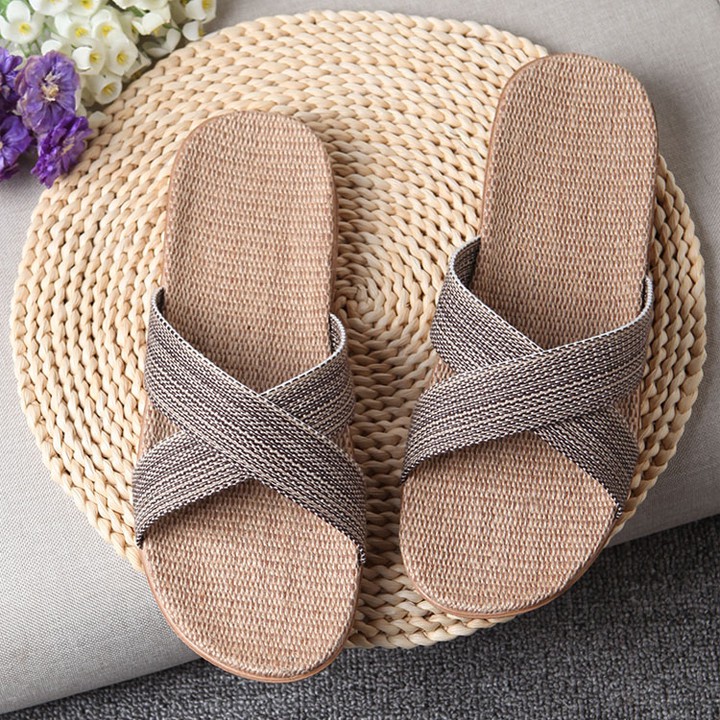 Dép cói nam quai chéo nâu đen