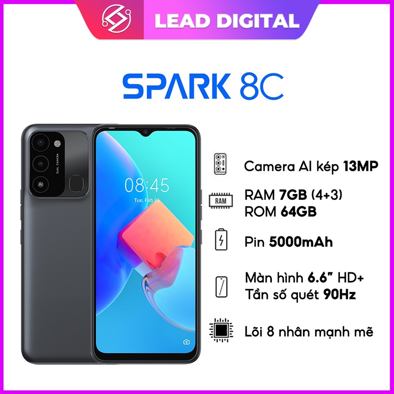 Điện thoại TECNO Spark 8C (4GB/64GB)-RAM tới 7GB |Pin 5000 mAh| 6.6" HD+ 90Hz