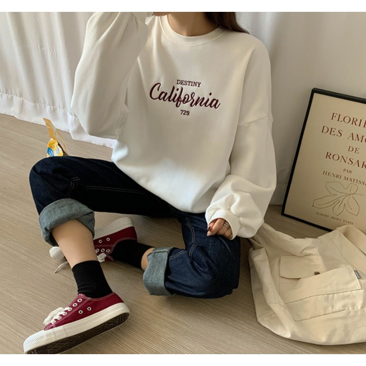 áo sweater nữ nhập khẩu chính hãng tại Hàn Quốc dáng Unisex tay dài form rộng in chữ california siêu đẹp | BigBuy360 - bigbuy360.vn