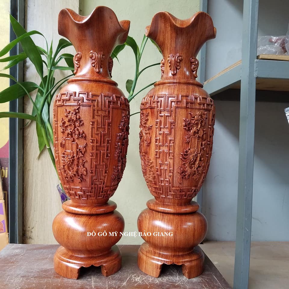 Cặp lộc bình gỗ hương cặp lục bình gỗ hương khắc tứ quý cao 40 cm